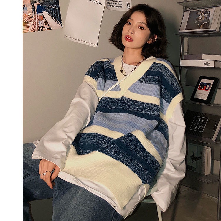 Áo len không tay cổ chữ v dáng rộng thiết kế thời trang cá tính cho nữ