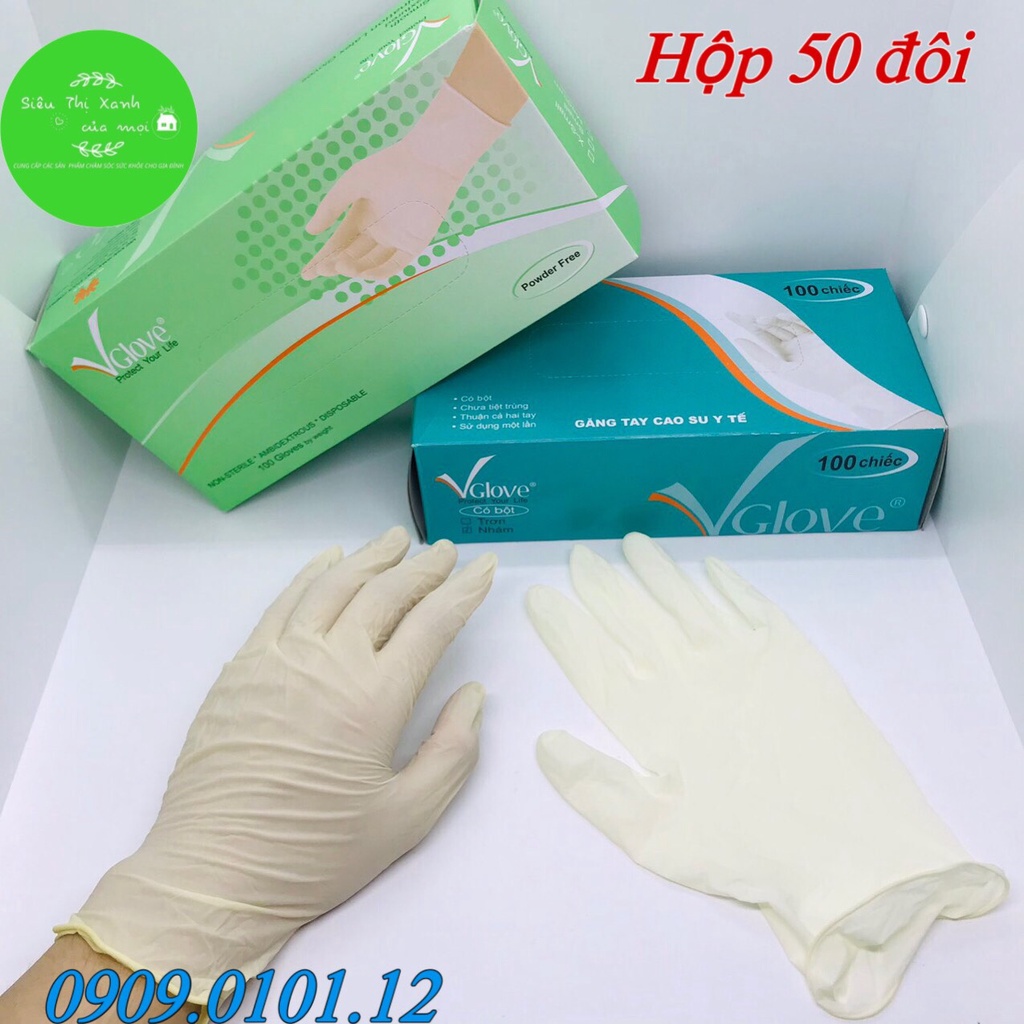 Găng tay y tế Vglove chính hãng (hộp 100 cái), bao tay y tế không bột và có bột