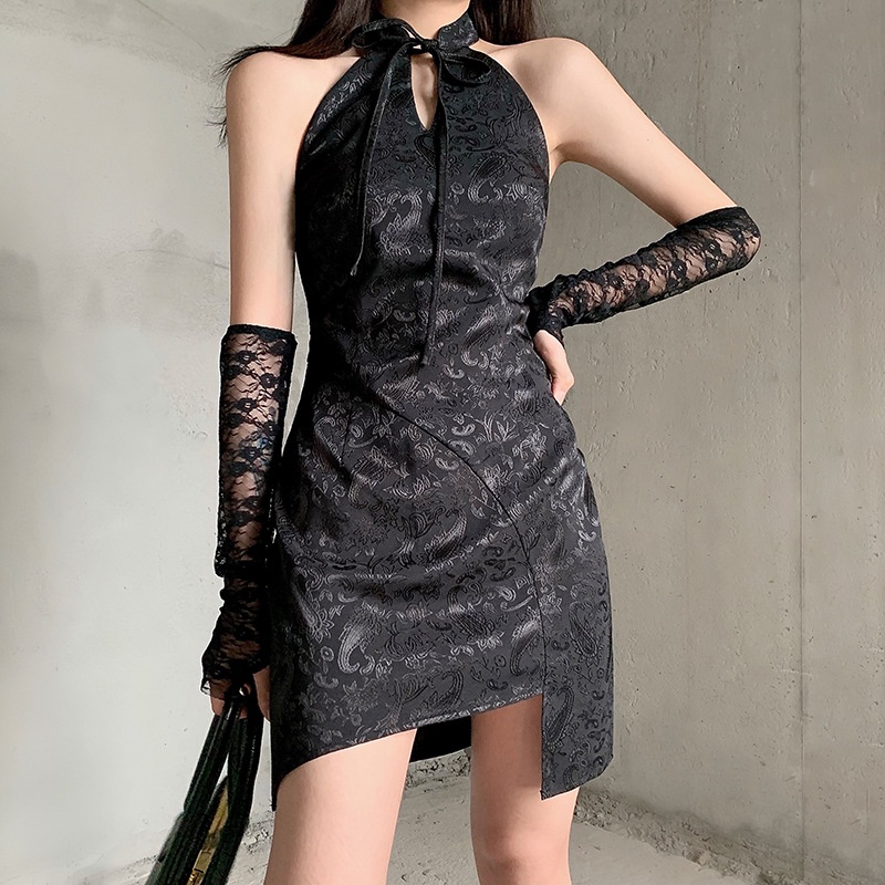 DUNEA Đầm sườn xám không tay hở lưng phong cách Trung Hoa quyến rũ cho nữ