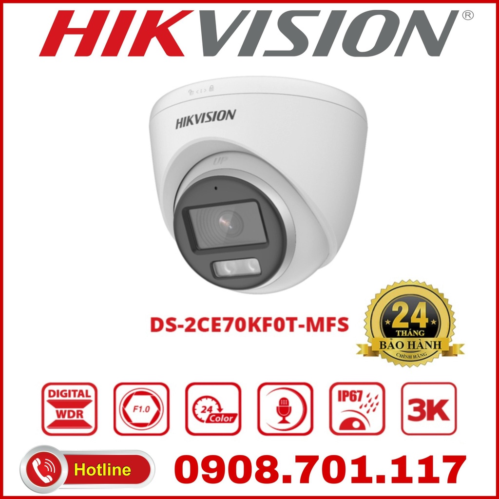 Camera Dome HD-TVI 4 in 1 3K ColorVu HIKVISION DS-2CE70KF0T-MFS