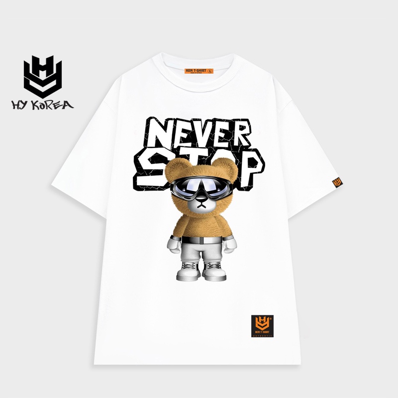 Áo form rộng nam HY KOREA tay lỡ unisex in hình Gấu Never Stop 436