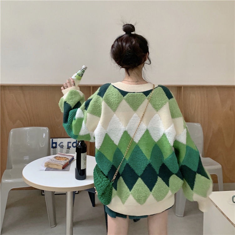 Áo Len Tay Dài Cổ Chữ v Form Rộng Họa Tiết Hình Thoi Phong Cách Hàn Quốc Dễ Phối Đồ