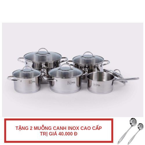 Bộ nồi quánh 3 đáy inox 304 FiveStar Plus kiểu Silit 5 chiếc nắp kính tặng 2 muỗng canh(quánh16cm xN16cmx2N 20cm x1N24cm