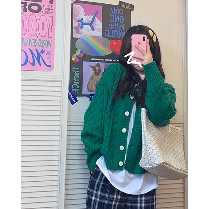 Áo Cardigan Dệt Kim Tay Dài Dáng Rộng Màu Xanh Lá Thiết Kế Mới Thời Trang Dành Cho Nữ