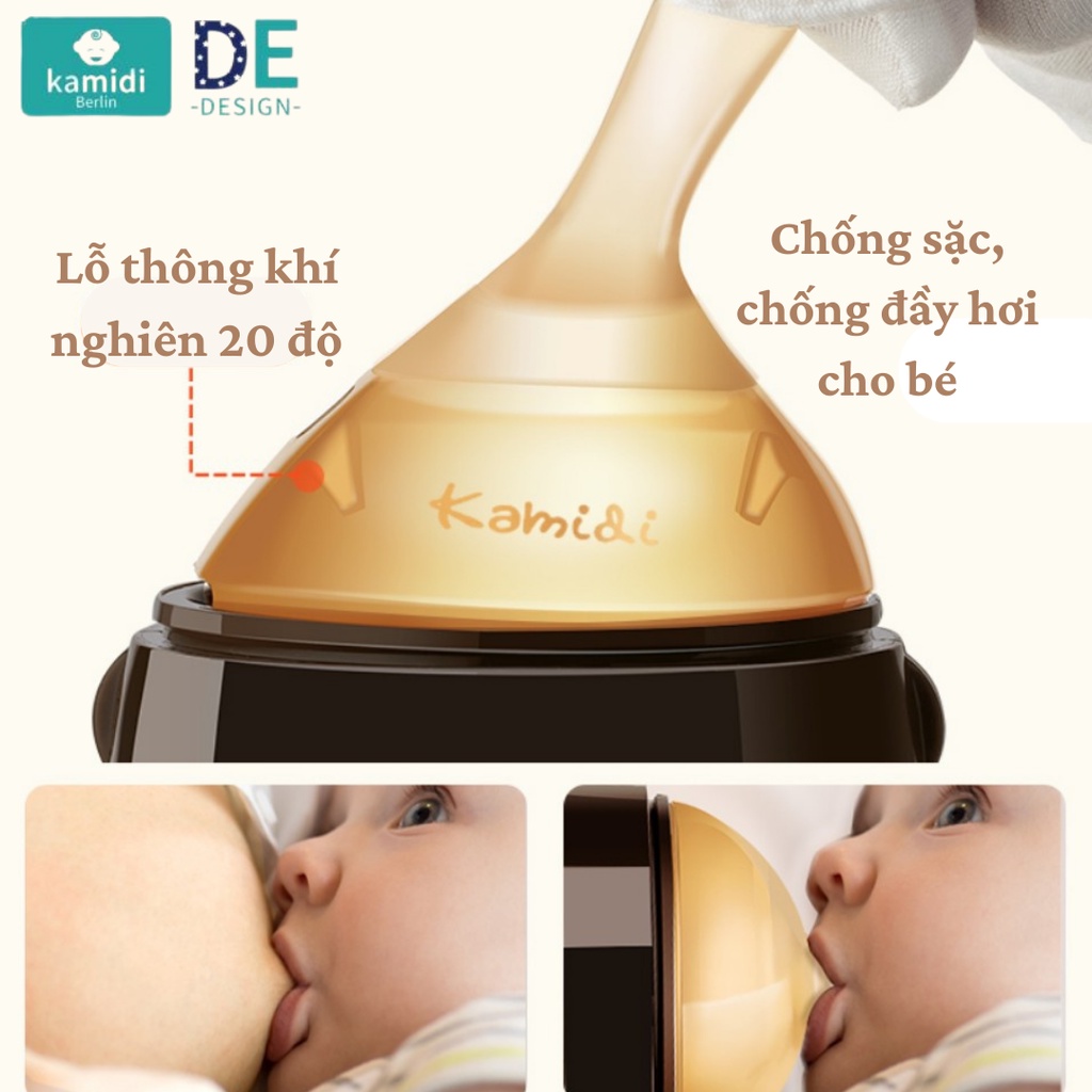 Bình sữa silicon KAMIDI tập bú thiết kế mô phỏng đầu ti mẹ không chứa BPA 2 dung tích 150ml và 250ml