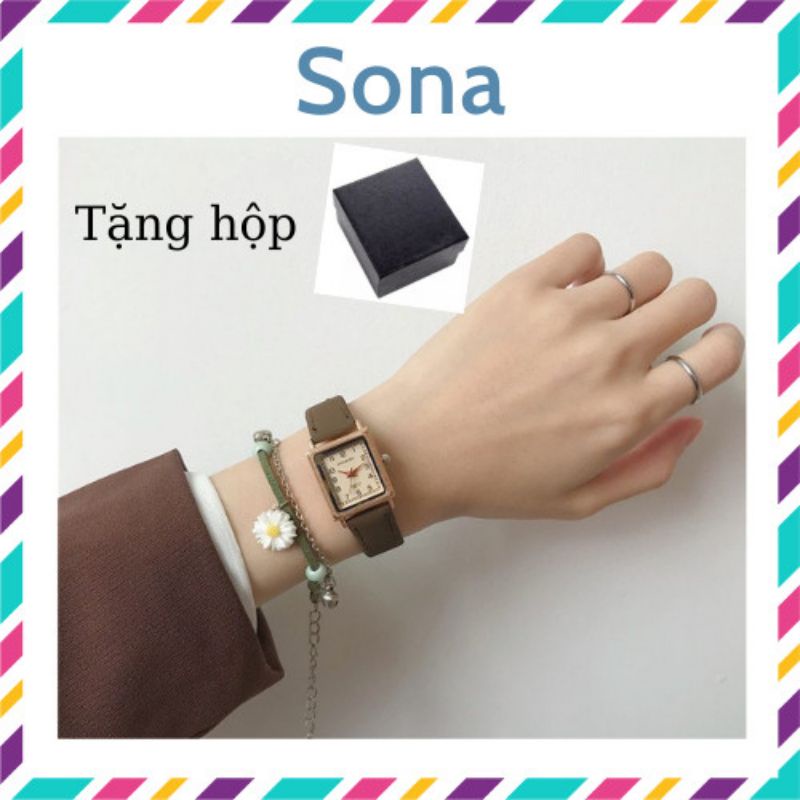 Đồng hồ nữ dây da mặt vuông thông minh đeo tay đẹp giá rẻ Doukou