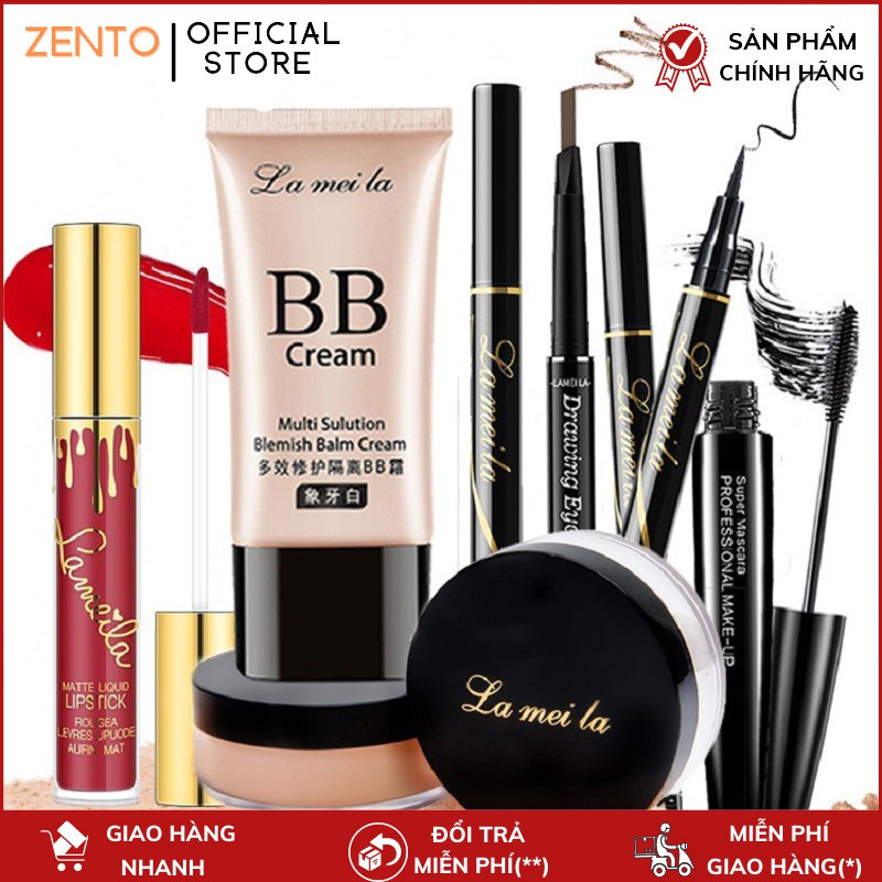 Bộ trang điểm La Mei La Kem BB che khuyết điểm + Phấn phủ bột + Chì kẻ mày + Bút kẻ mắt dạ + Mascara + Son kem ZT-05