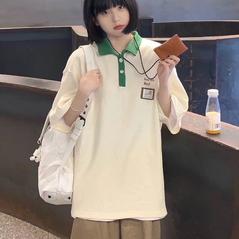 Áo Thun Polo Tay Ngắn Chất Cotton Thiết Kế Oversized Phong Cách Hàn Quốc