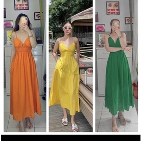 Đầm maxi hai dây nhún eo dáng xòe có mút ngực đi chơi đi biển siêu xinh