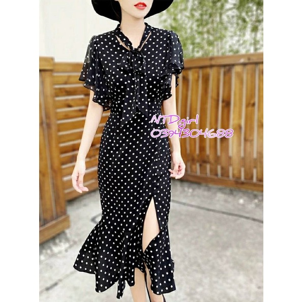Hàng nhập - Đầm dáng ôm form dài đuôi cá chấm bi, váy body dự tiệc phối bèo