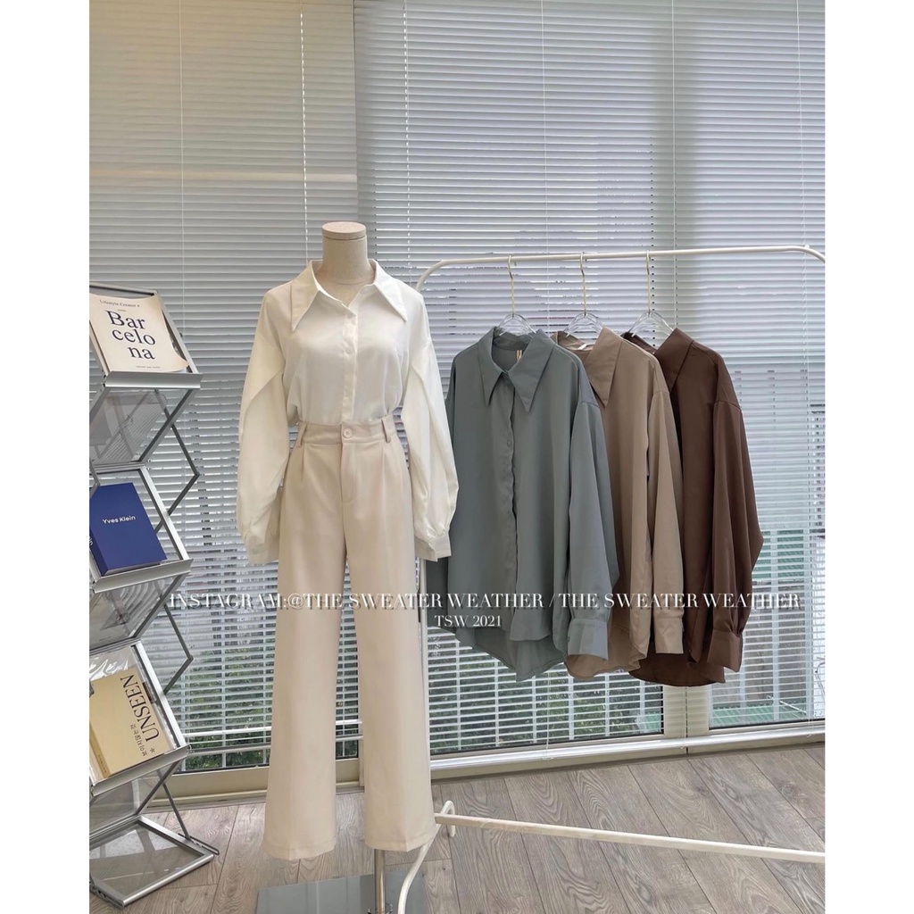 Áo Sơ Mi Nữ trơn trượt tay bồng chất umi hàn form rộng Kiểu dài tay vintage hàn quốc cao cấp trơn kozoda SM69