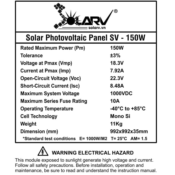 Tấm pin năng lượng mặt trời Mono 150W