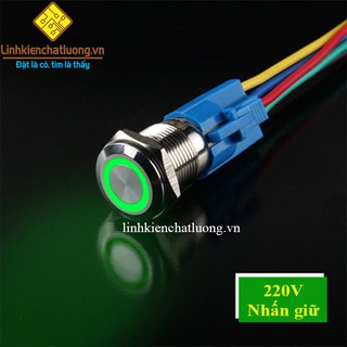 Nút nhấn giữ 16mm hợp kim chống nước có đèn 220V màu xanh lá kèm đế cắm