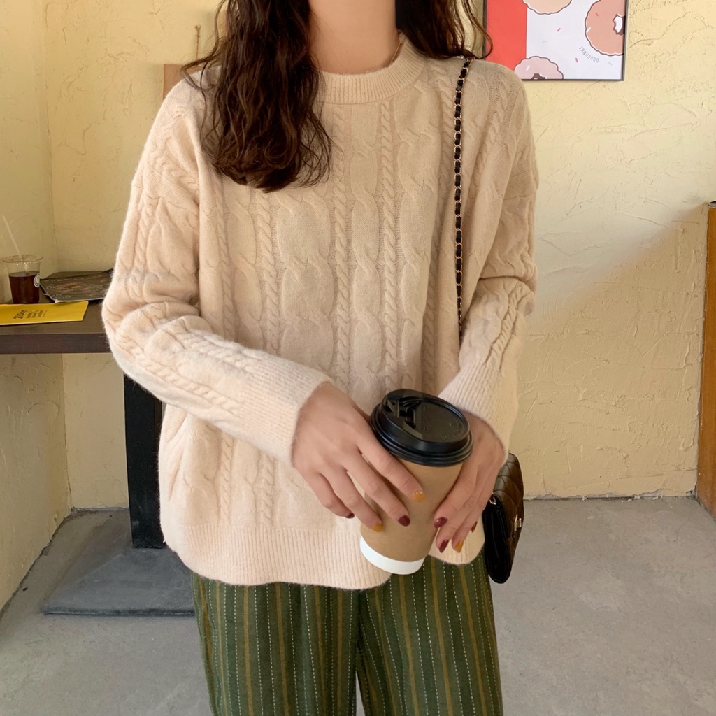 Áo len nữ cổ tròn màu đỏ mùa đông Áo Sweater phong cách Hàn Quốc FIRST DATE