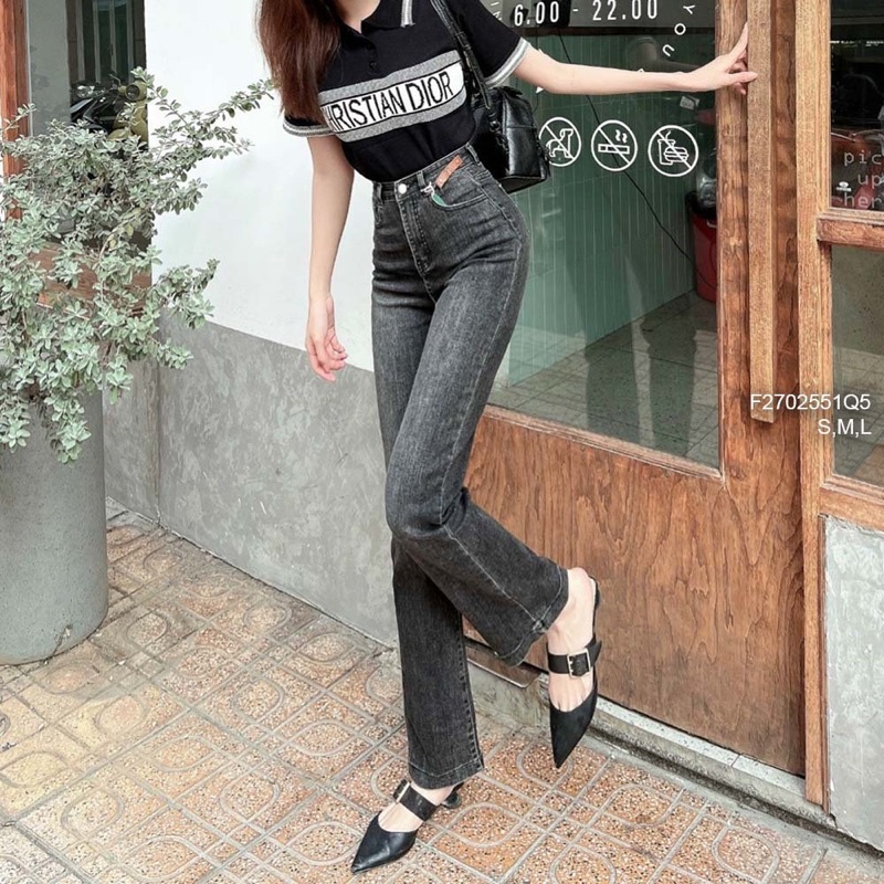 Quần jeans xám ống đứng