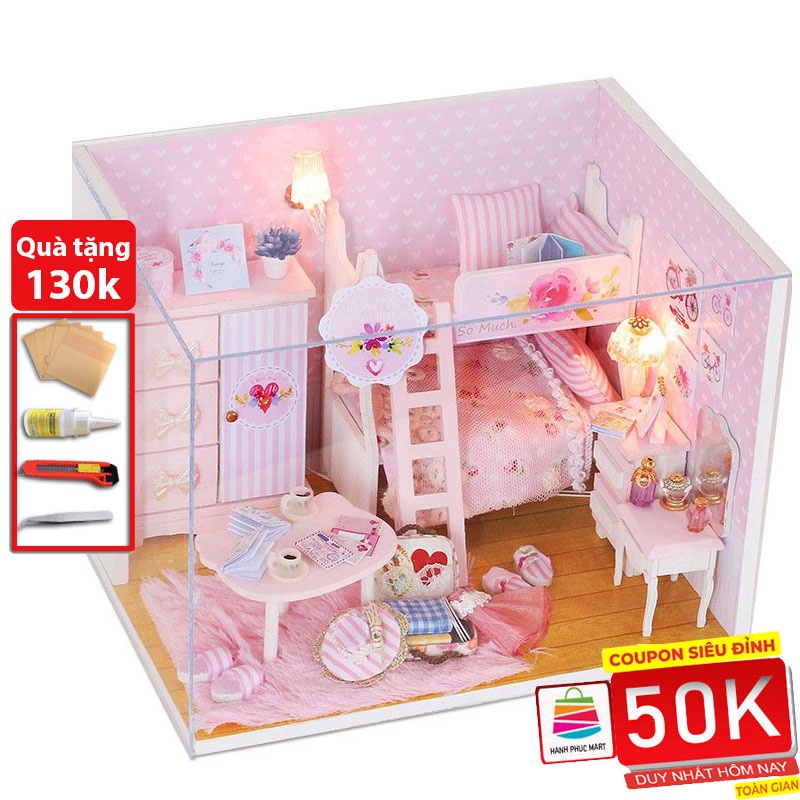 Nhà búp bê có đèn  Led PINK GIRL tặng kèm mica che bụi và dụng cụ lắp ráp