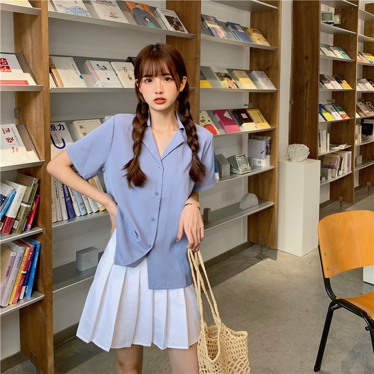 SUXI Áo Sơ Mi Nữ Tay Ngắn Màu Trơn Kiểu Dáng Đơn Giản