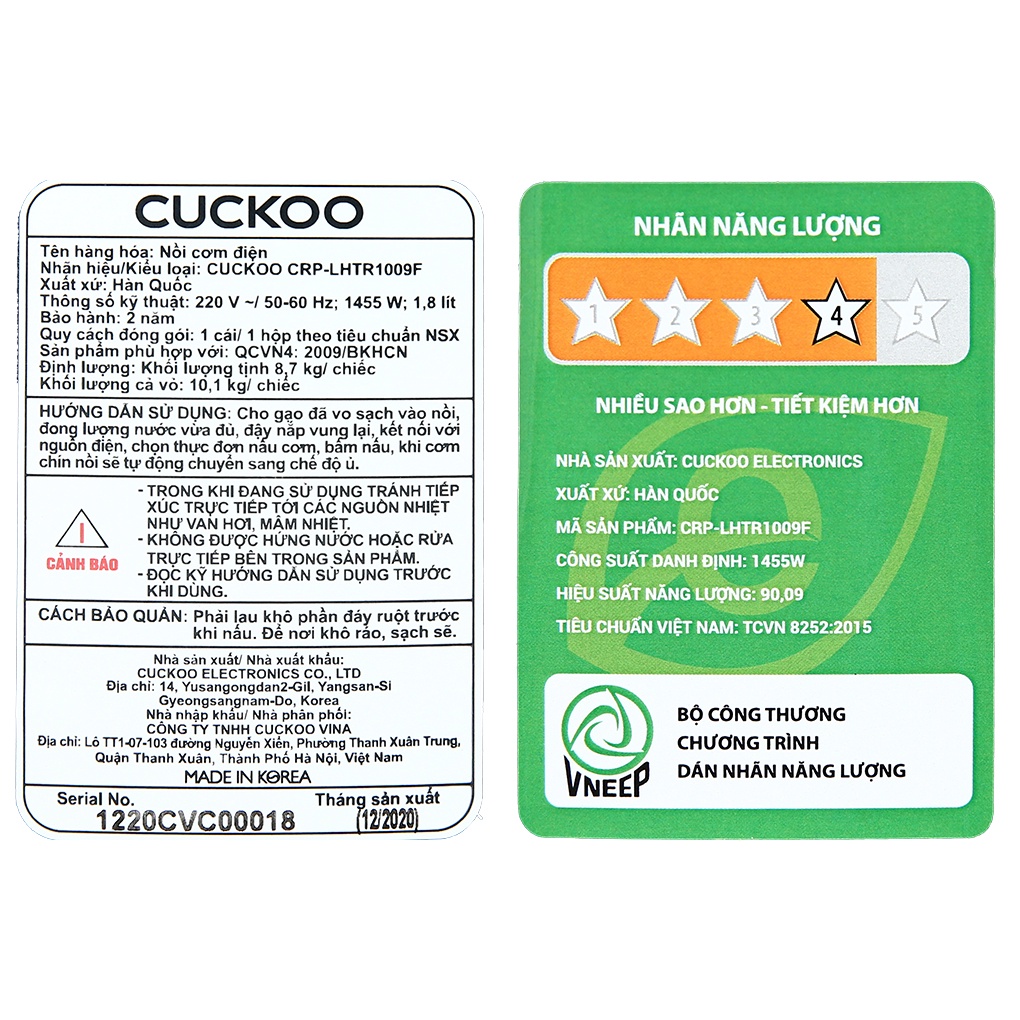 [Mã ELHADEV giảm 4% đơn 300K] Nồi cơm Cuckoo CRP-LHTR1009F/BKSIVNCV 1.8L 1455W, Chính hãng BH 24 tháng