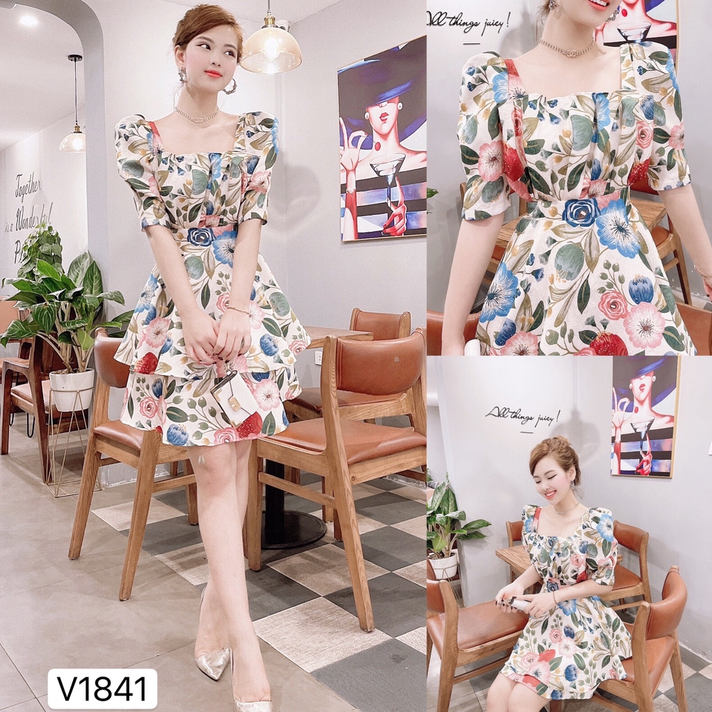 Váy hoa cổ vuông 2 tầng V1841 - QUEEN SHOP DOLCE VIVA COLLECTION(ảnh người mẫu+ảnh trải sàn do shop chụp tự chụp)