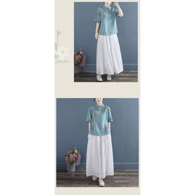 Áo Sơ Mi Vải Lanh Cotton Cổ Đứng Tay Ngắn Cài Khuy Thêu Họa Tiết Kiểu Trung Hoa Thời Trang Mùa Hè 2022 Cho Nữ