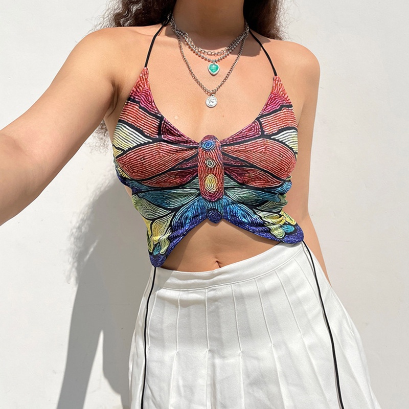 Brroa Áo Croptop Không Tay Hở Lưng Họa Tiết Sọc Cầu Vồng Nhiều Màu Sắc Phong Cách Harajuku Gợi Cảm Mùa Hè Cho Nữ