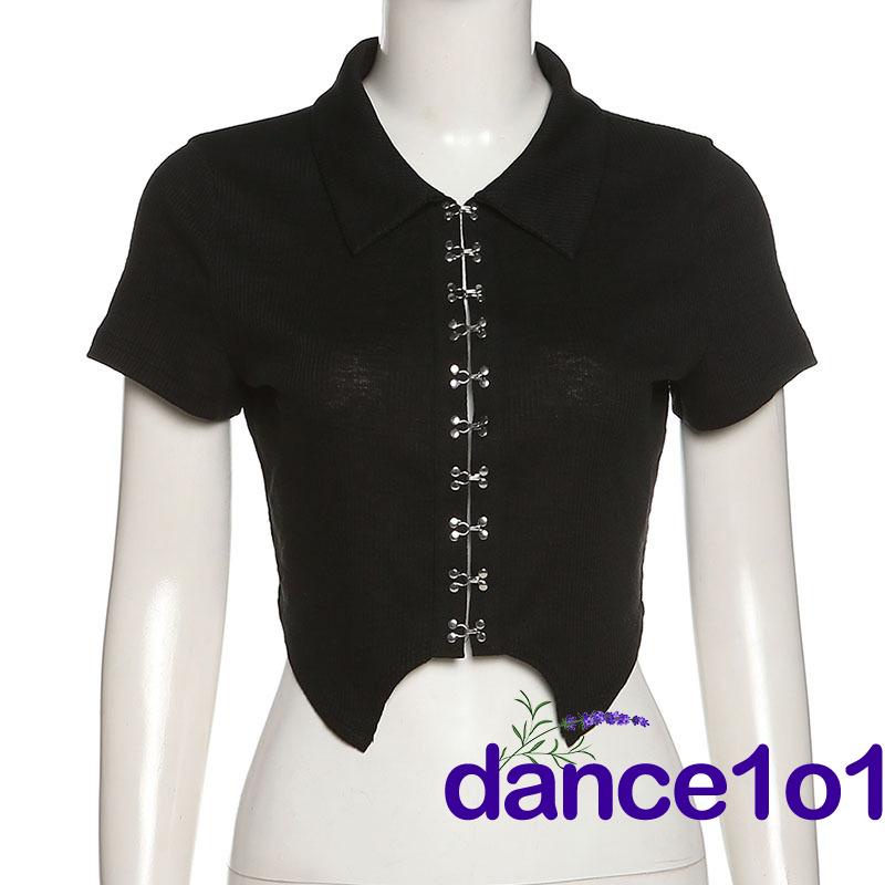 ✣XB❥Women Short Sleeve Turn-down Collar Buckled Irregular Hem Summer Top