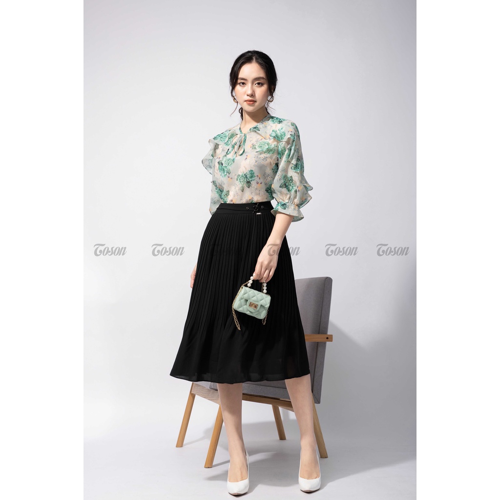 Áo sơ mi tơ hoa xanh, tay liền can bèo cá tính - TOSON - 14522X11