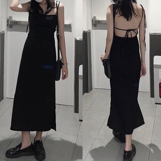 Đầm suông midi hai dây đan lưng ulzzang đen kèm mút ngực hở lưng đi tiệc du lịch