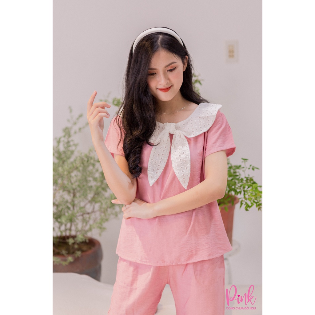 Bộ Đồ Lửng Ngủ Pijama Nữ Màu Hồng Chất Vải Đũi Mặc Nhà Mùa Hè Mềm Mịn Thấm Hút Mồ Hôi Kiểu Dáng Dễ Thương Sang Trọng