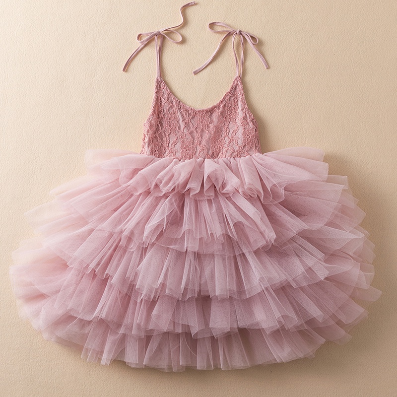 Đầm công chúa hai dây nhiều tầng phối ren thời trang mùa hè cho bé gái