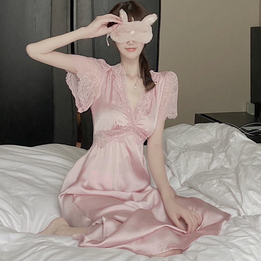 Đầm ngủ lụa băng ngắn tay phối ren thời trang mùa hè 2024 quyến rũ cho nữ size S-2XL