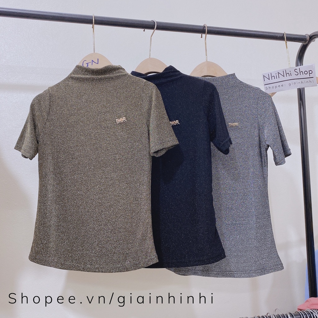 Áo nhũ trơn cổ cao 3P dáng ôm ngắn tay, Áo kiểu cổ leo tag cài rời AN5210 - NhiNhi Shop