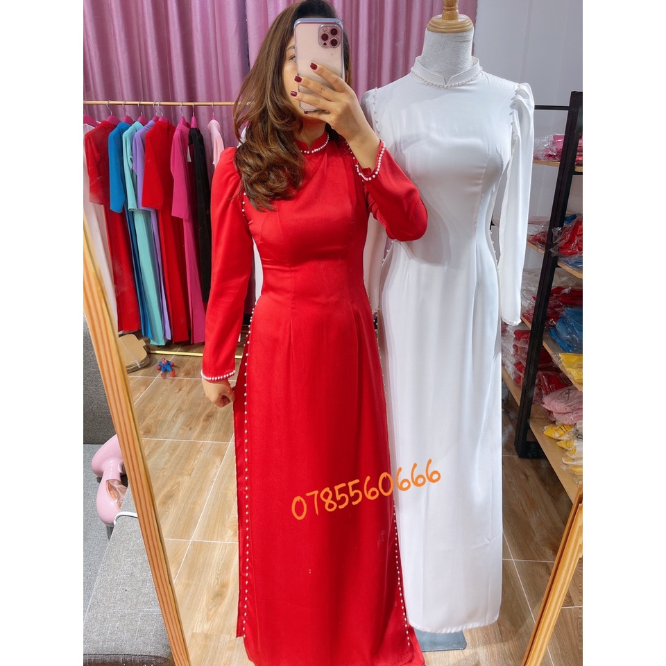 [𝐌𝐀𝐑𝐈𝐀] ÁO DÀI CÔ DÂU MÀU ĐỎ LỤA ĐÍNH HẠT TAY BỒNG