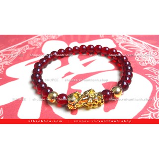 Vòng Phong Thủy Mệnh Hỏa Mệnh Thổ Charm Tỳ Hưu Vàng Kim Thủy Tinh hạt tròn 7li màu huyết bồ câu