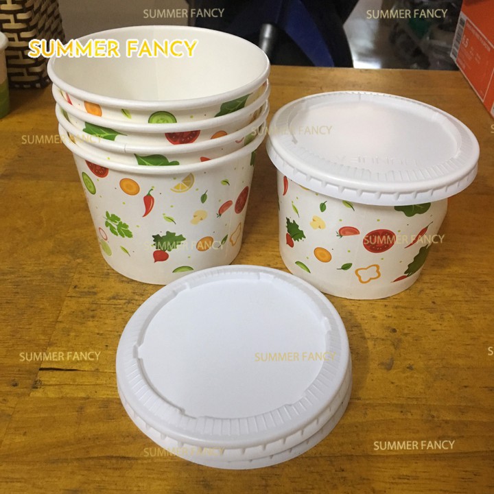 50 bát cháo giấy 500ml in hình rau củ có nắp cốc hộp an toàn - 16oz tô giấy paper bowl