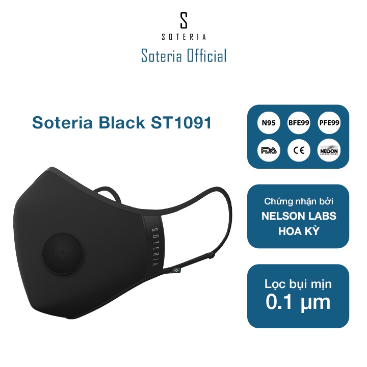 Khẩu trang tiêu chuẩn Quốc Tế SOTERIA Black ST1091 - Bộ lọc N95 BFE PFE 99 lọc đến 99% bụi mịn 0.1 micro- Size S,M,L