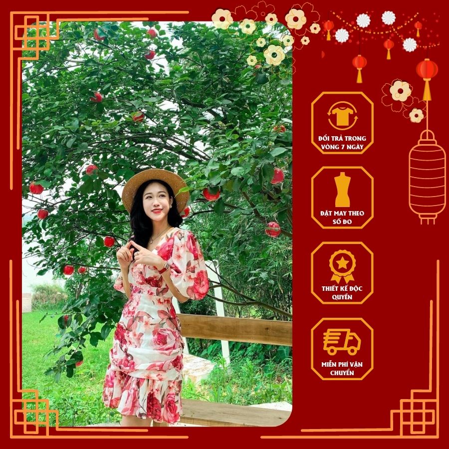 Váy hoa hồng cổ tim bèo cá tay bồng trang công sở 6SIX closet