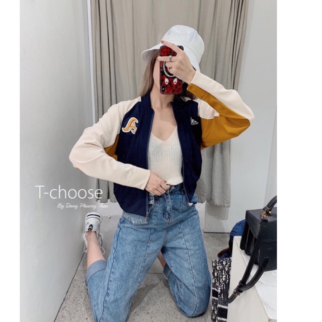 [Mã WASTMAY giảm 15% tối đa 30K đơn 150K] Áó khoác nữ bomber dài tay tím than phối cam_kèm ảnh thật