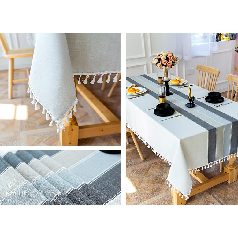 Khăn trải bàn Landecor nền trắng sọc kem xám sang trọng - TB453