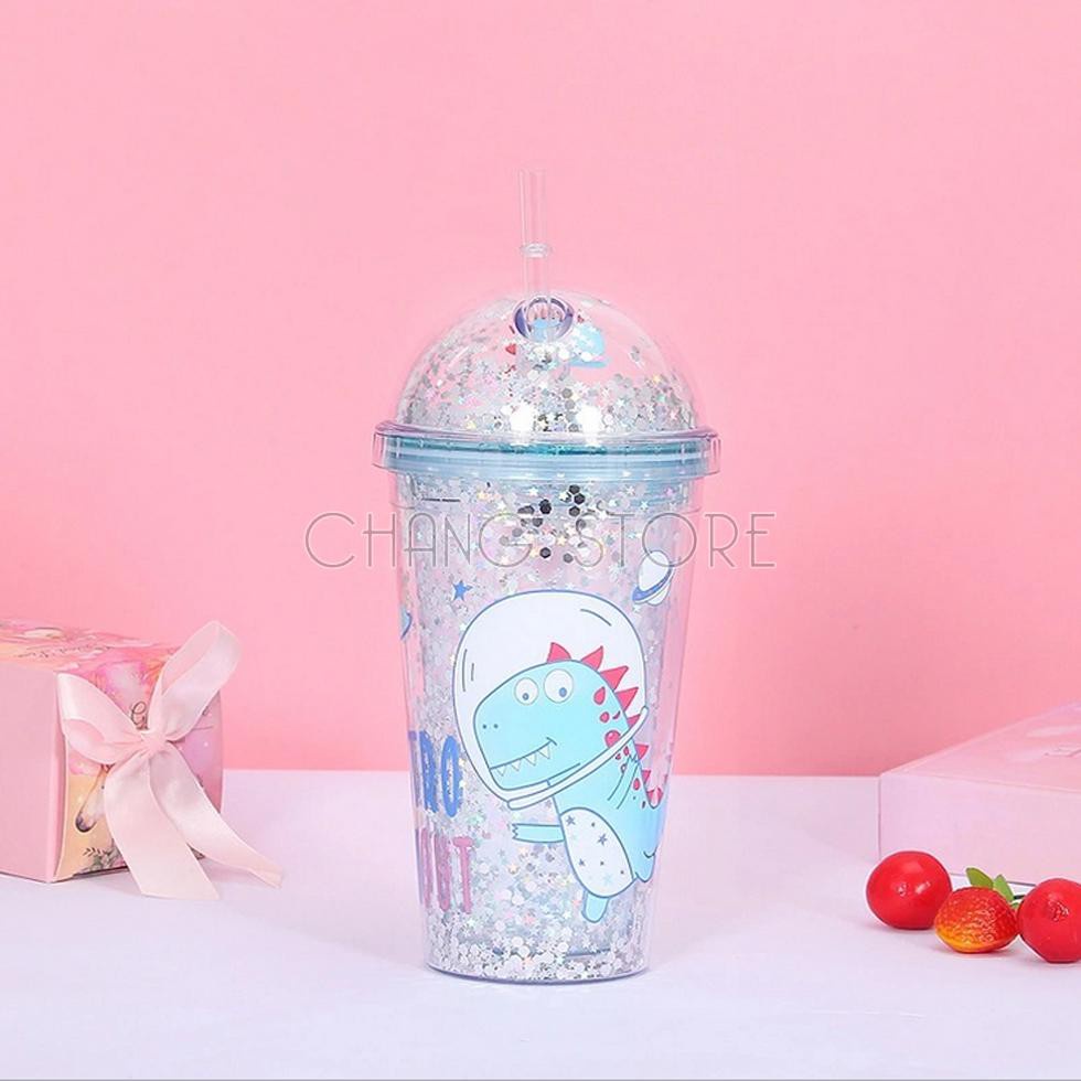 Ly Giữ Nhiệt Khủng Long 3D Kim Tuyến Nhiều Màu Sắc, Cốc Uống Nước Khủng long 3D 450ML kèm Ống Hút