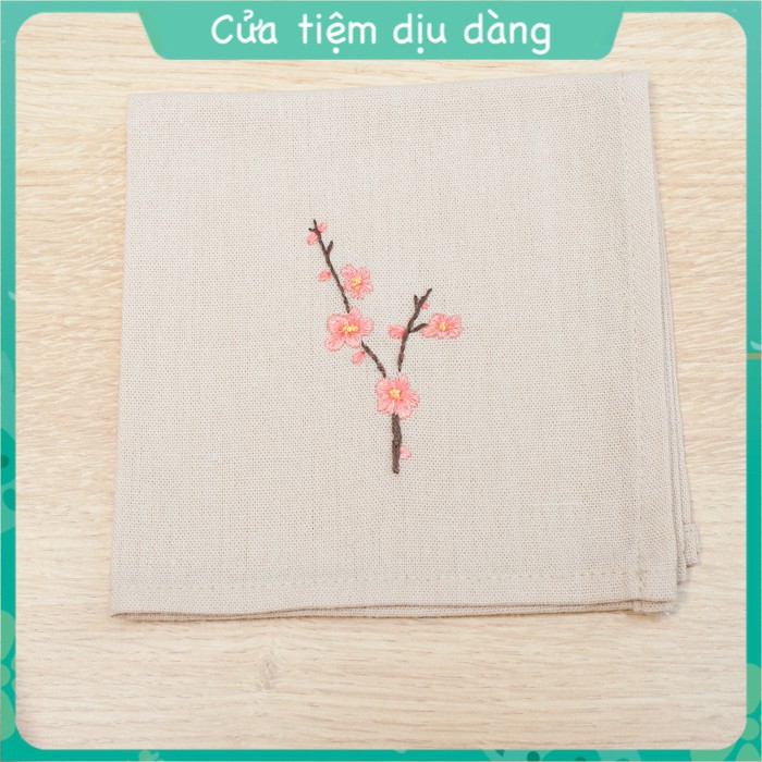 Khăn tay  vải linen thêu thủ công - mẫu hoa Đào