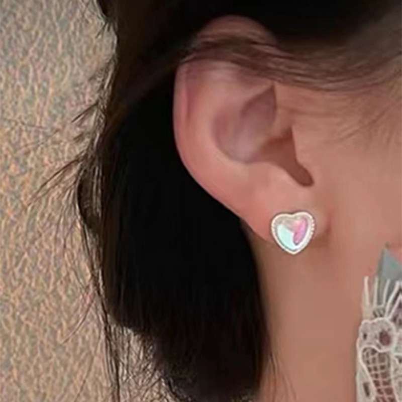 Khuyên Tai Hình Trái Tim Đính Đá Opal Màu Hồng Phong Cách Hàn Quốc Đơn Giản Thời Trang Cho Nữ