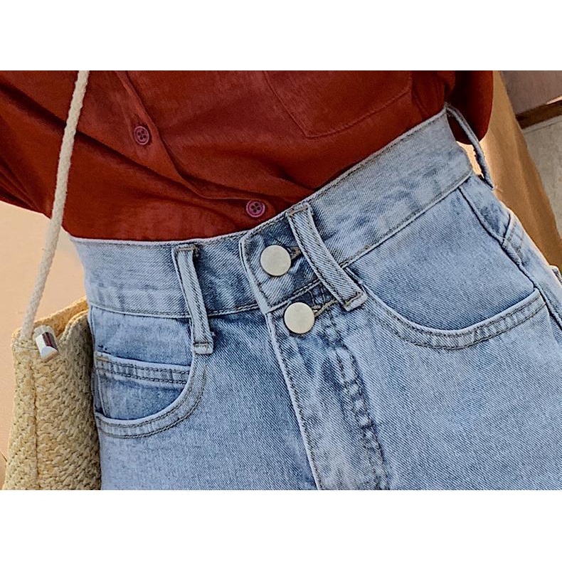 Quần short nữ denim rách ống rộng cạp cao chữ A màu xanh lam vintage Phong cách hàn quốc