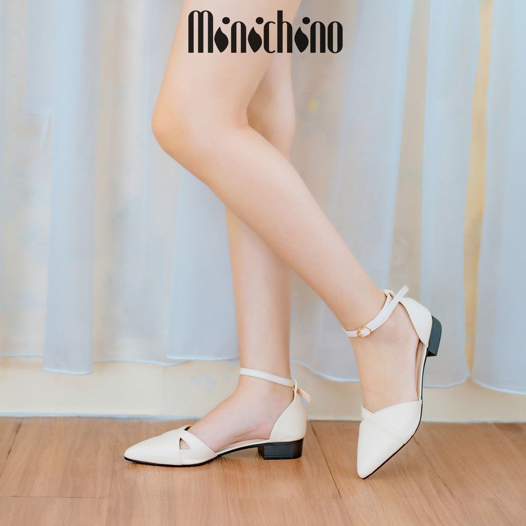 Giày sandal nữ gót cao 3cm MINICHINO mũi nhọn khoét lỗ phối dây thời trang màu đen TC020