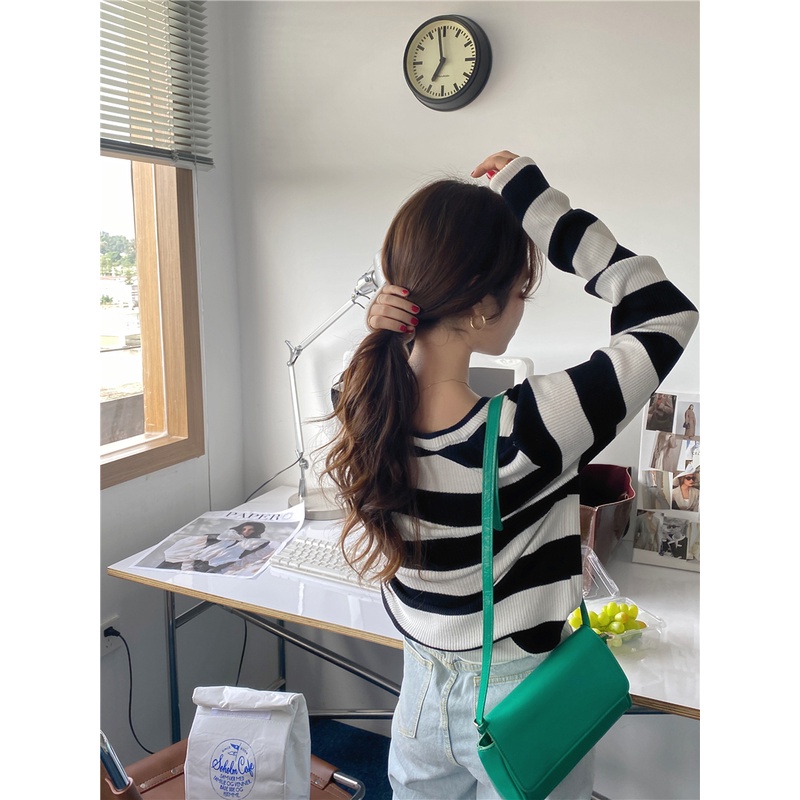 SUXI Áo Len Tay Dài Cổ Chữ V Họa Tiết Kẻ Sọc Phong Cách Retro Hàn Quốc
