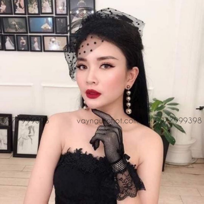 găng tay cô dâu lưới cổ ngắn ren xòe đen và trắng sexy