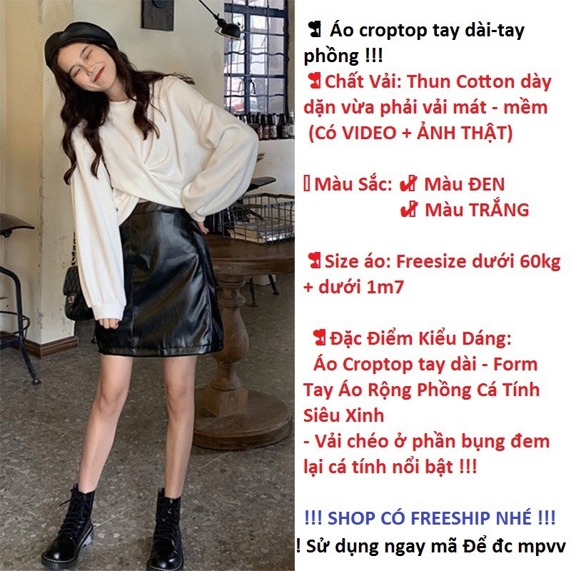 Áo thun tay dài nữ áo tay phồng nữ kiểu croptop xoắn bụng cá tính chất thun mát freesize dưới 55kg