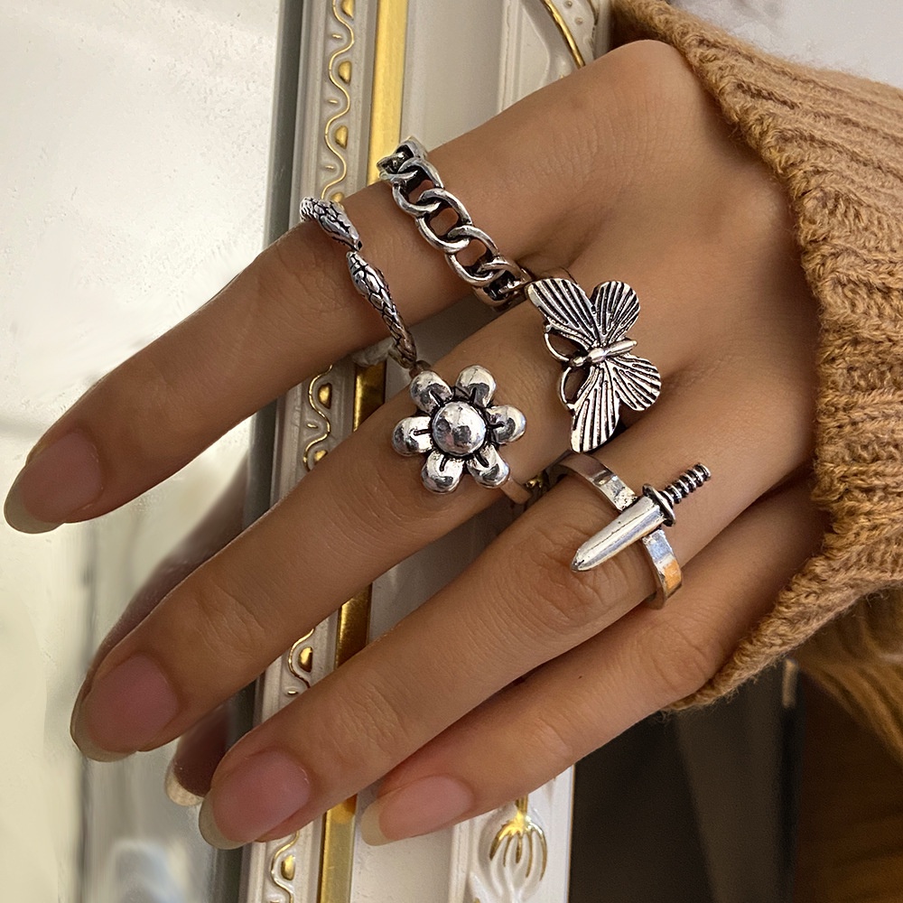 Set 5 nhẫn đeo tay kim loại tạo hình con rắn độc đáo cho nữ