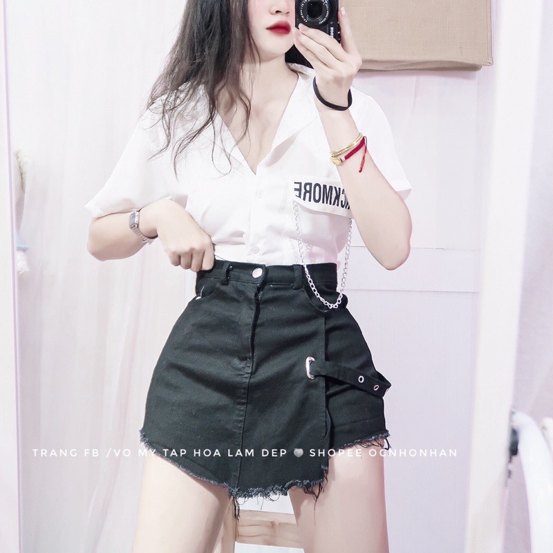 Set áo croptop sơmi phối chân váy quần đắp chéo