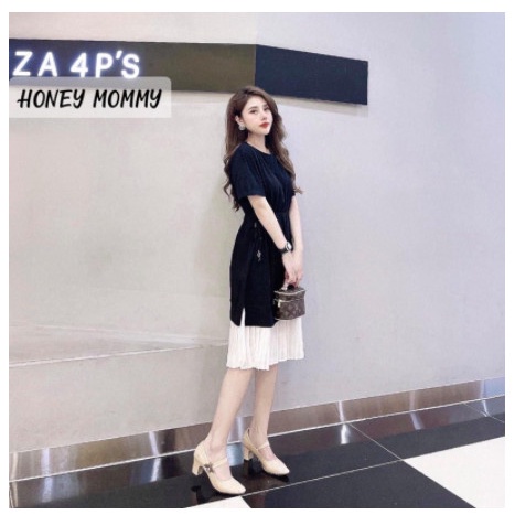 Đầm Bầu Váy Bầu Thun Cotton Dáng Suông Xòe Mùa Hè Tay Ngắn Vải Mát chân kẻ dập ly